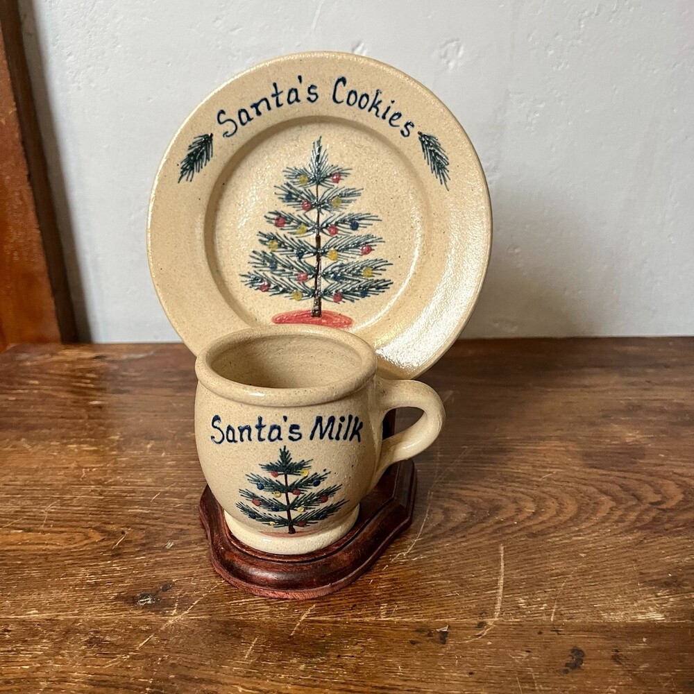 VTG Santas Cookies Milk Plate Mug 3pc Set Folk Country Christmas 90s MPC Ceramic